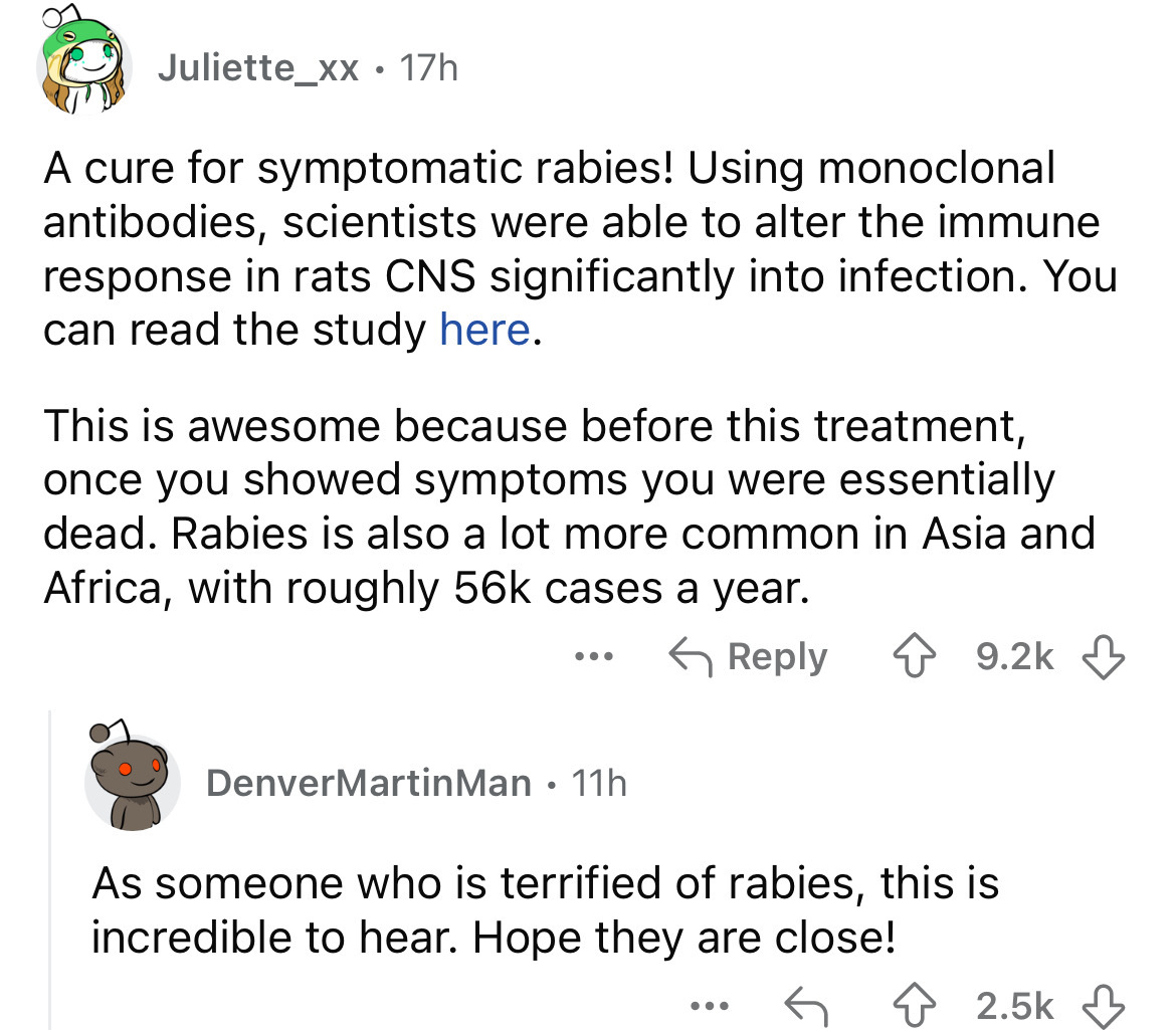 screenshot - Juliette_xx. 17h A cure for symptomatic rabies! Using monoclonal antibodies, scientists were able to alter the immune response in rats Cns significantly into infection. You can read the study here. This is awesome because before this treatmen