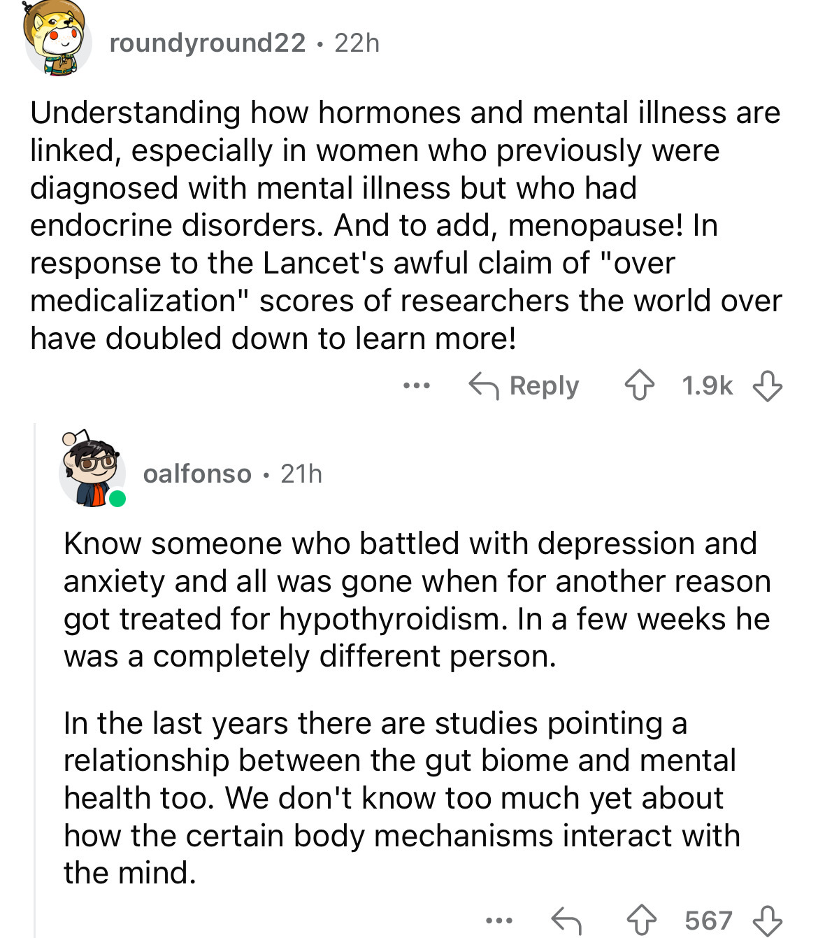 document - roundyround22 22h Understanding how hormones and mental illness are linked, especially in women who previously were diagnosed with mental illness but who had endocrine disorders. And to add, menopause! In response to the Lancet's awful claim of
