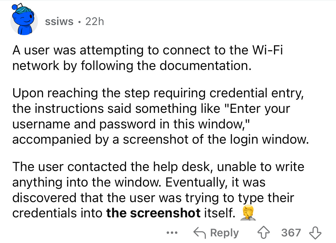 screenshot - ssiws 22h A user was attempting to connect to the WiFi network by ing the documentation. Upon reaching the step requiring credential entry, the instructions said something "Enter your username and password in this window," accompanied by a sc