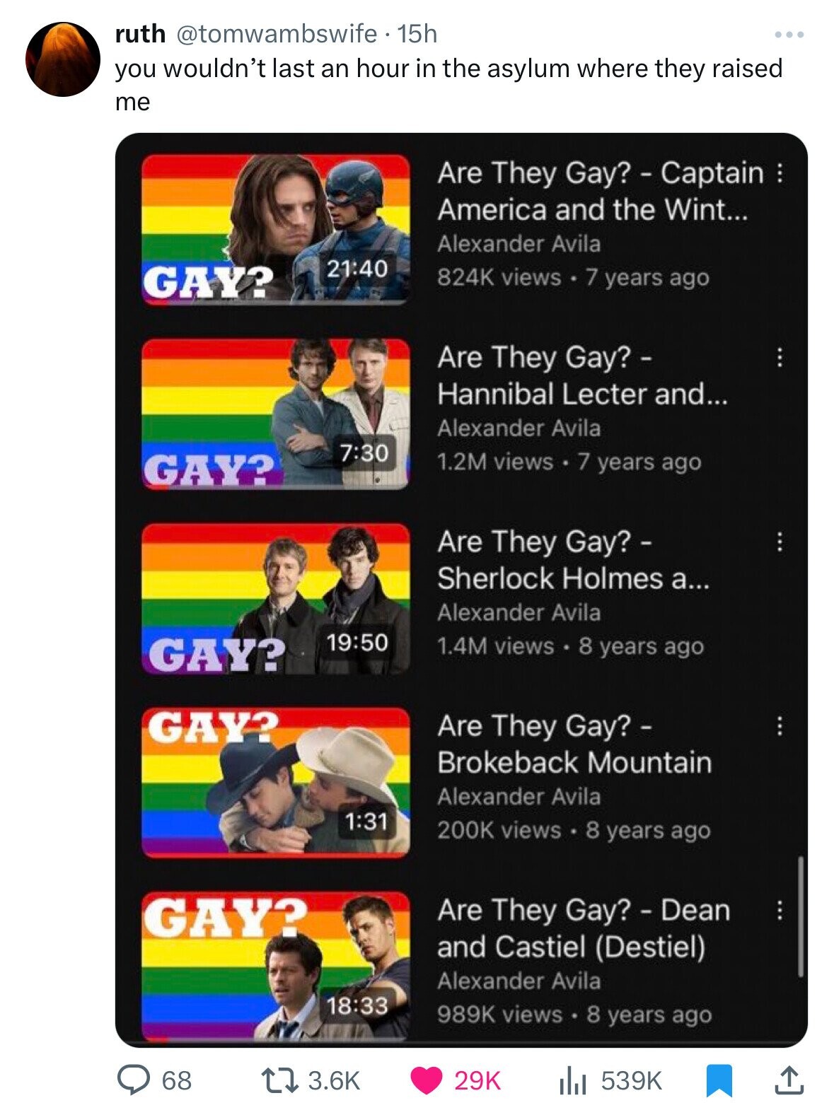 screenshot - ruth 15h you wouldn't last an hour in the asylum where they raised me Gay? Are They Gay? Captain America and the Wint... Alexander Avila views 7 years ago Are They Gay? Hannibal Lecter and... Alexander Avila Gay? 1.2M views 7 years ago Are Th