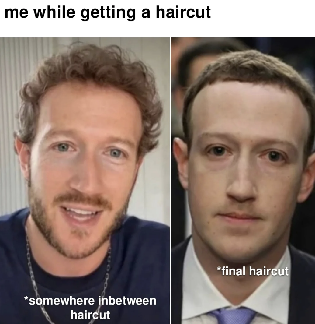 Mark Zuckerberg - me while getting a haircut somewhere inbetween haircut final haircut