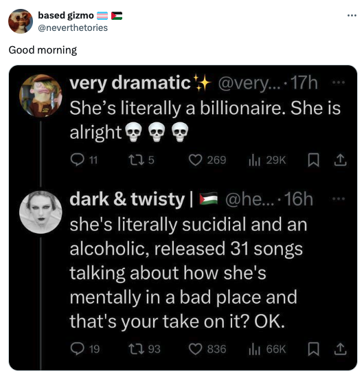 screenshot - based gizmo E Good morning very dramatic .... 17h She's literally a billionaire. She is alright 11 175 dark & twisty | 269 ili 29K ....16h she's literally sucidial and an alcoholic, released 31 songs talking about how she's mentally in a bad 