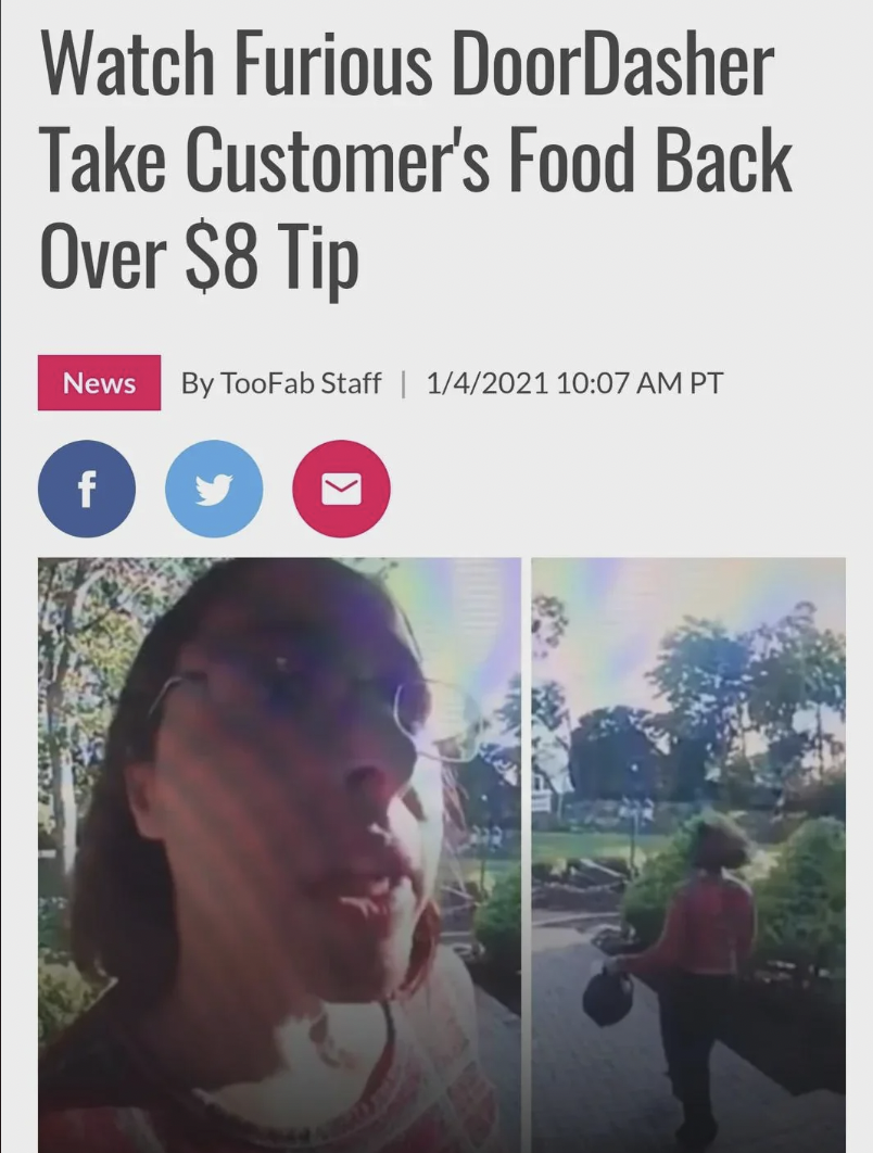 poster - Watch Furious DoorDasher Take Customer's Food Back Over $8 Tip News By TooFab Staff | 142021 Pt f K