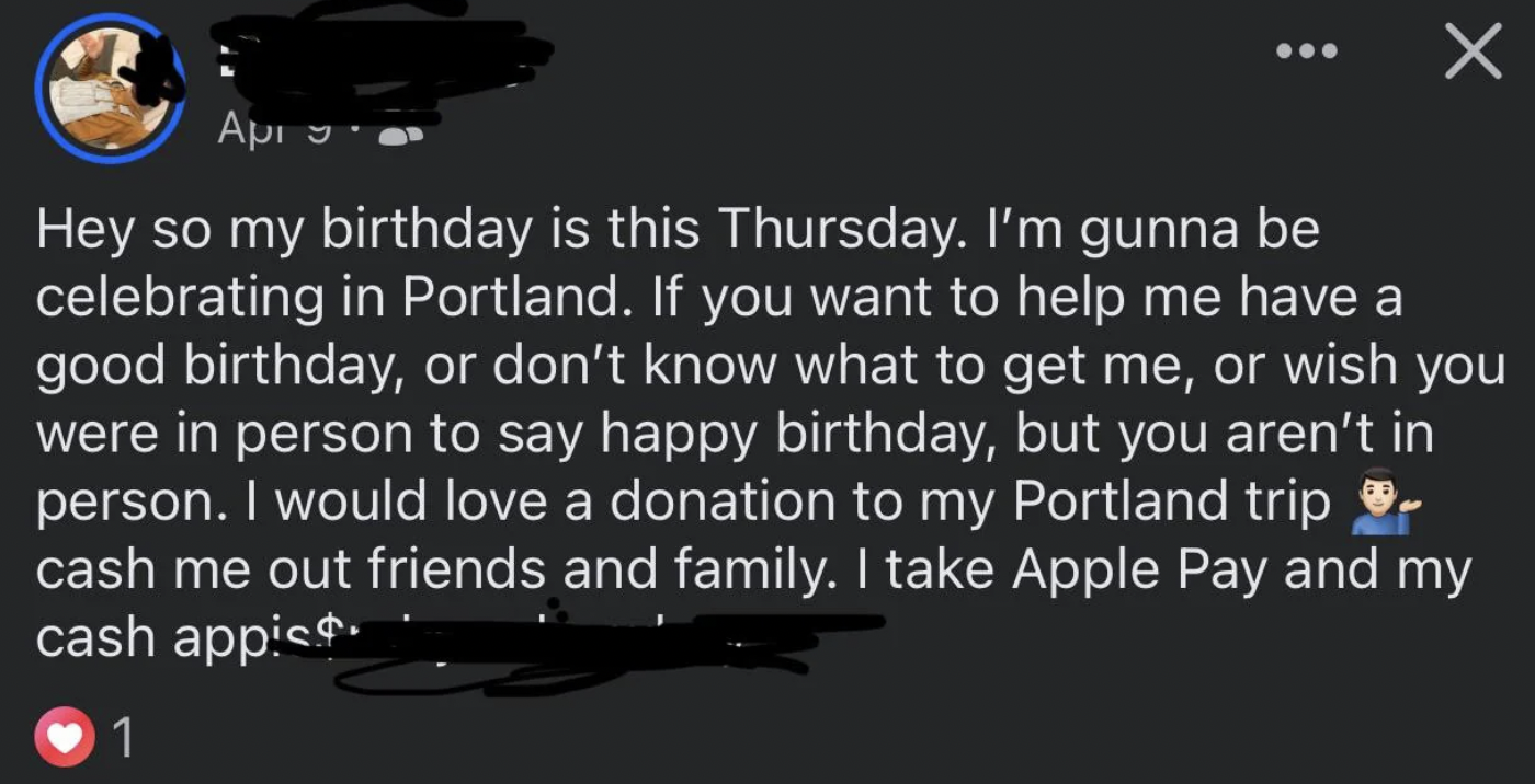 screenshot - Hey so my birthday is this Thursday. I'm gunna be celebrating in Portland. If you want to help me have a good birthday, or don't know what to get me, or wish you were in person to say happy birthday, but you aren't in person. I would love a d