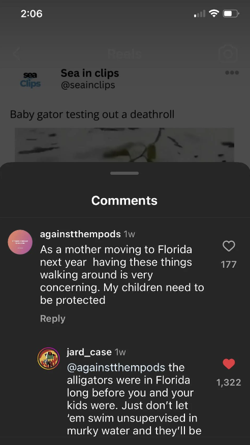 screenshot - Reals sea Clips Sea in clips Baby gator testing out a deathroll againstthempods 1w As a mother moving to Florida next year having these things walking around is very concerning. My children need to be protected jard_case 1w the alligators wer
