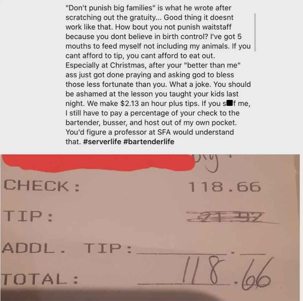 document - "Don't punish big families" is what he wrote after scratching out the gratuity... Good thing it doesnt work that. How bout you not punish waitstaff because you dont believe in birth control? I've got 5 mouths to feed myself not including my ani