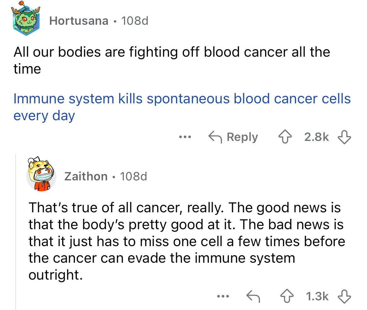 screenshot - Hortusana 108d All our bodies are fighting off blood cancer all the time Immune system kills spontaneous blood cancer cells. every day Zaithon 108d . ... That's true of all cancer, really. The good news is that the body's pretty good at it. T