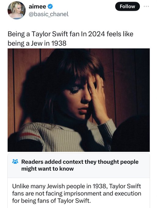photo caption - aimee Being a Taylor Swift fan In 2024 feels being a Jew in 1938 Readers added context they thought people might want to know Un many Jewish people in 1938, Taylor Swift fans are not facing imprisonment and execution for being fans of Tayl