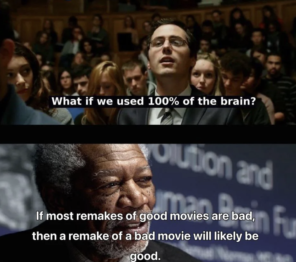 audience - What if we used 100% of the brain? Oution and If most remakes of good movies are bad, then a remake of a bad movie will ly be good. Fu