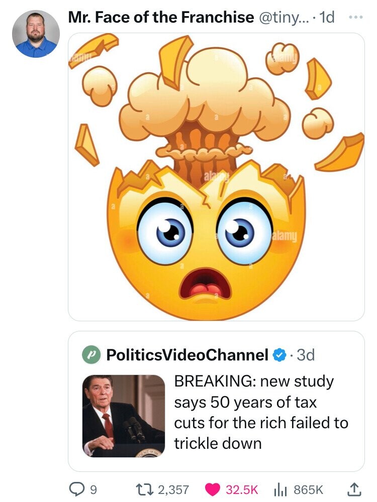 shocked emoji - Mr. Face of the Franchise .... 1d a alamy P PoliticsVideoChannel .3d Breaking new study says 50 years of tax cuts for the rich failed to trickle down 9 172,357