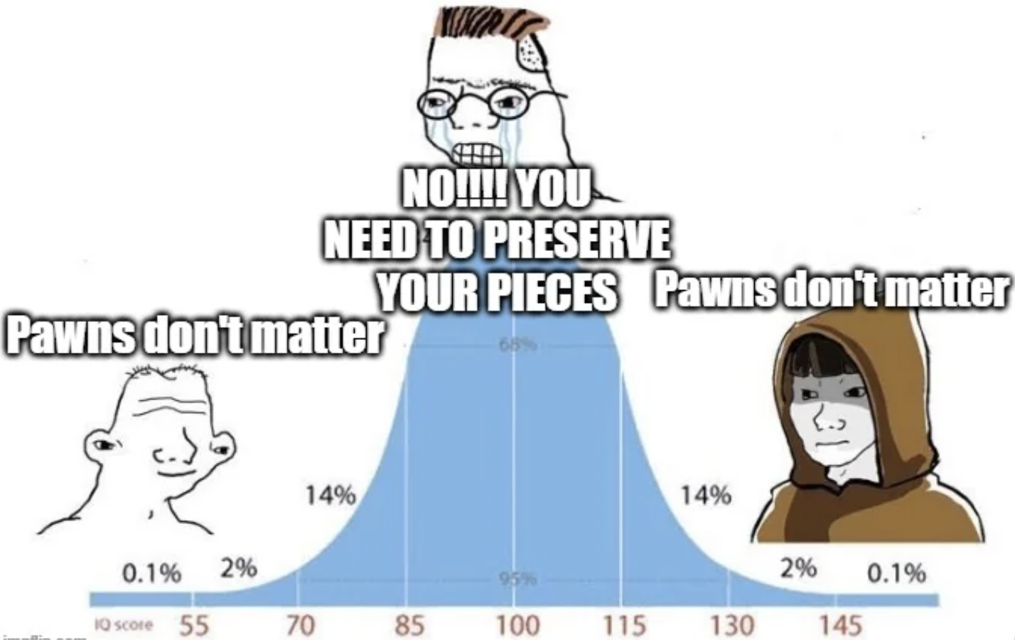 cartoon - No!!!! You Need To Preserve Pawns don't matter Your Pieces Pawns don't matter 14% 14% 0.1% 2% 99% 2% 0.1% 10 score 55 70 70 85 100 115 130 145