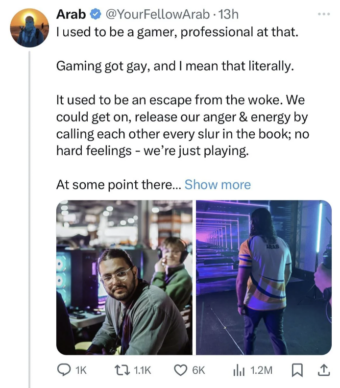 screenshot - Arab 13h I used to be a gamer, professional at that. Gaming got gay, and I mean that literally. It used to be an escape from the woke. We could get on, release our anger & energy by calling each other every slur in the book; no hard feelings 