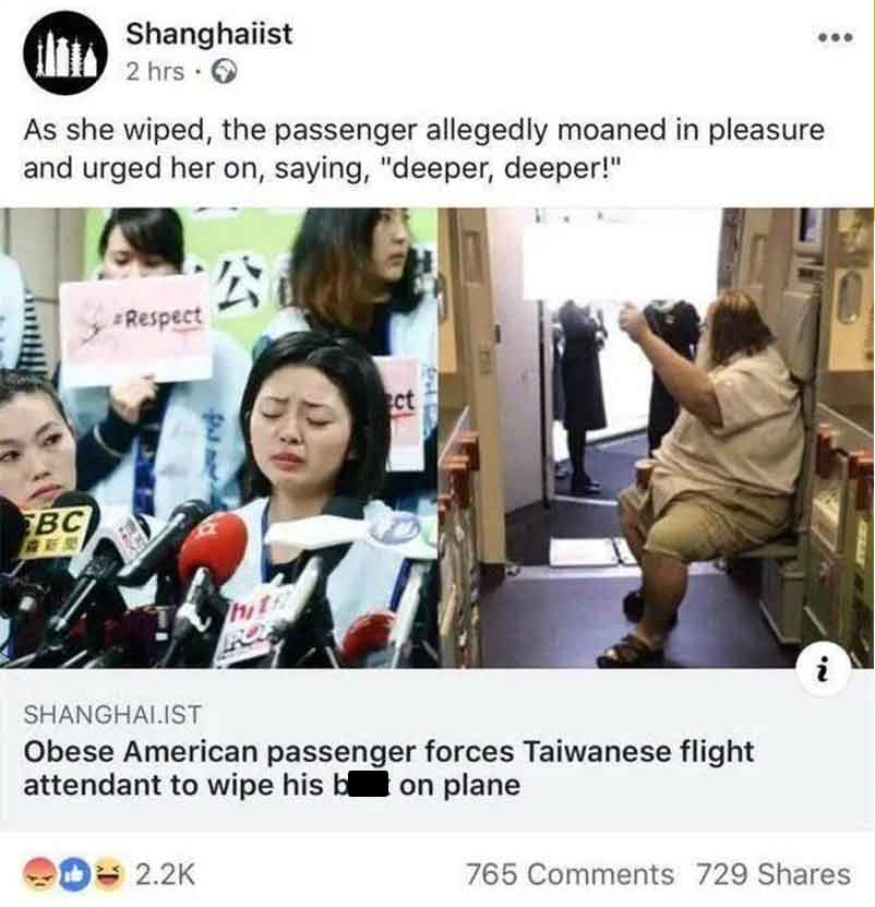 Flight attendant - Shanghaiist 2 hrs As she wiped, the passenger allegedly moaned in pleasure and urged her on, saying, "deeper, deeper!" Bc hit ct Shanghai.Ist Obese American passenger forces Taiwanese flight attendant to wipe his bon plane i 2. 765 729