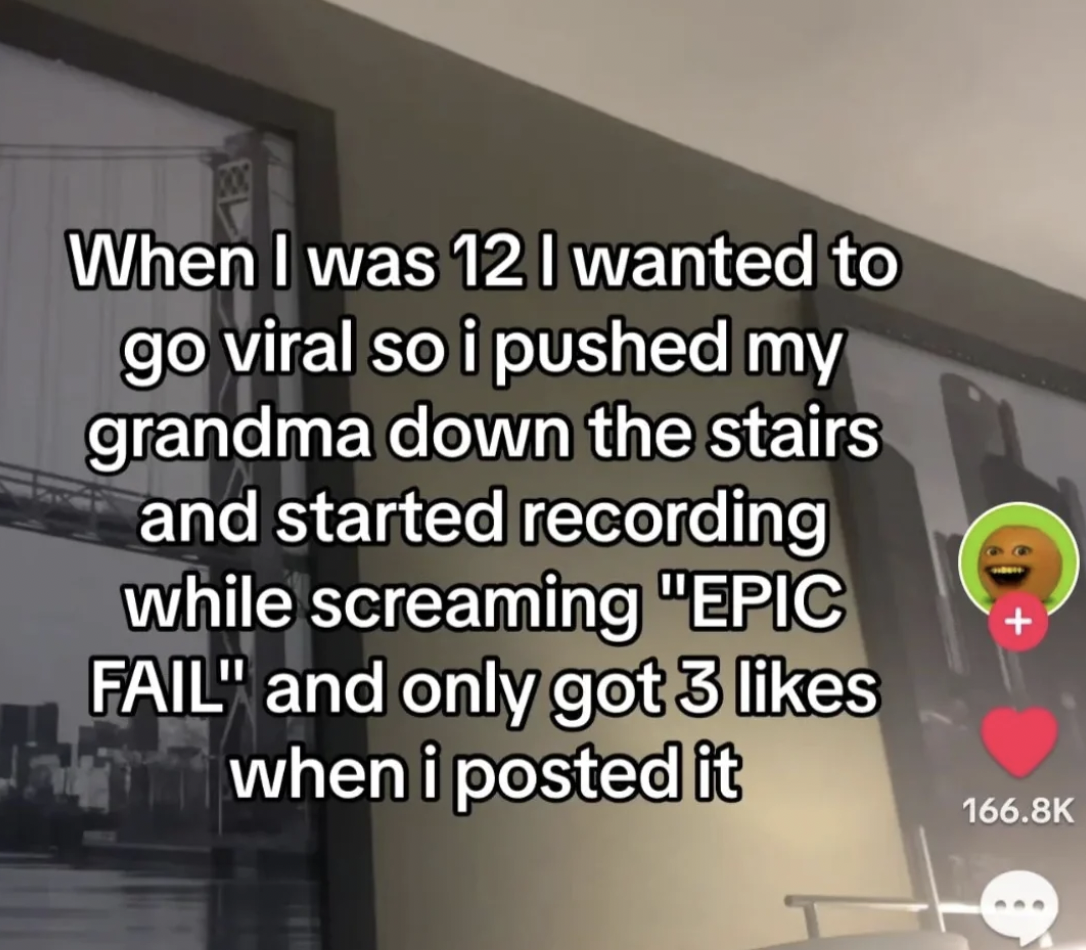 screenshot - When I was 12 I wanted to go viral so i pushed my grandma down the stairs and started recording while screaming "Epic Fail" and only got 3 when i posted it