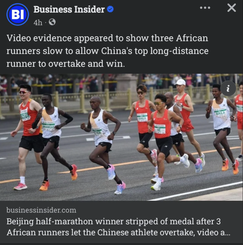 Half marathon - Bi Business Insider 4h > Video evidence appeared to show three African runners slow to allow China's top longdistance runner to overtake and win. businessinsider.com Beijing halfmarathon winner stripped of medal after 3 African runners let