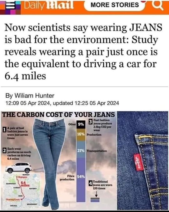 screenshot - Daily Mail More Stories Now scientists say wearing Jeans is bad for the environment Study reveals wearing a pair just once is the equivalent to driving a car for 6.4 miles By Wiliam Hunter , updated The Carbon Cost Of Your Jeans A pair of fas
