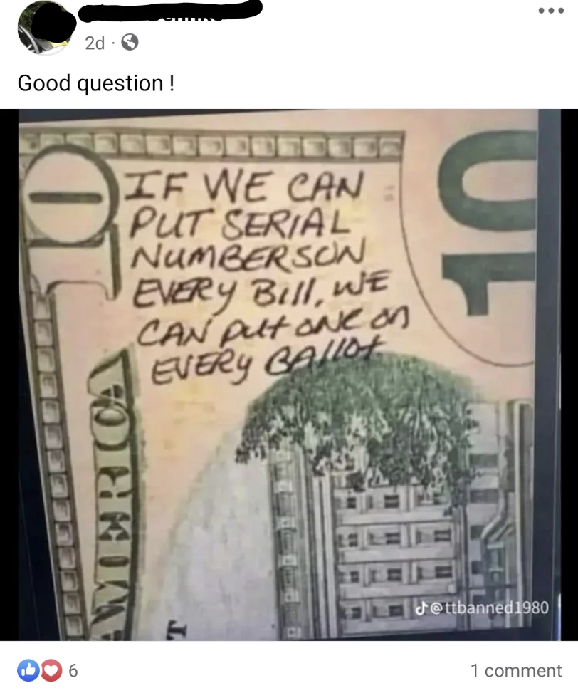 Internet meme - 6 2d3 Good question! 10 If We Can Put Serial Numberson Every Bill, We Can put one on Every Ballo T Merica Jettbanned1980 1 comment 10
