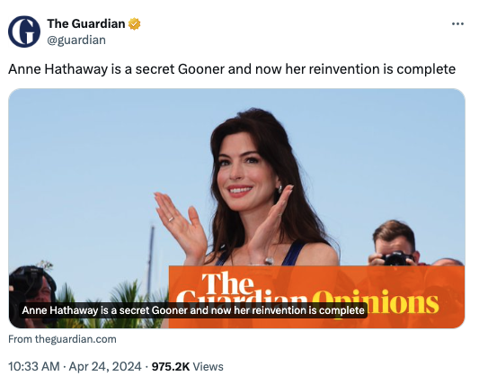 screenshot - G The Guardian Anne Hathaway is a secret Gooner and now her reinvention is complete The Complete nions Anne Hathaway is a secret Gooner and now her reinvention is complete From theguardian.com Views