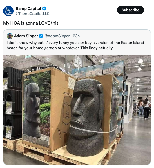 bust - Ramp Capital My Hoa is gonna Love this Adam Singer 23h Subscribe I don't know why but it's very funny you can buy a version of the Easter Island heads for your home garden or whatever. This lindy actually