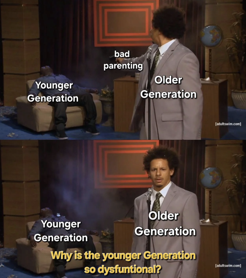 photo caption - bad Younger Generation parenting Older Generation Younger Generation Older Generation Why is the younger Generation so dysfuntional? Jadultswim.com adultswim.com