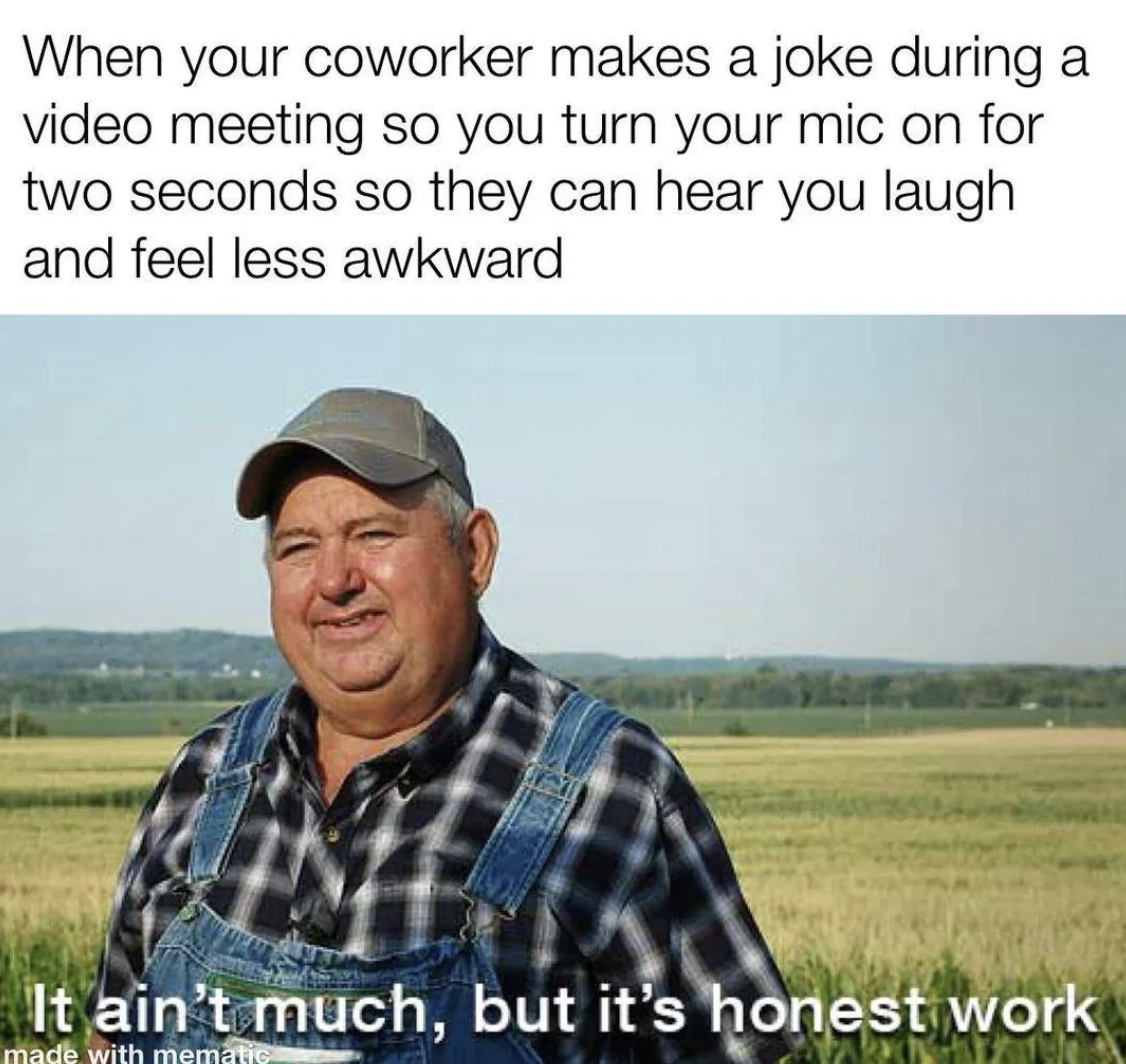wholesome meme coworker - When your coworker makes a joke during a video meeting so you turn your mic on for two seconds so they can hear you laugh and feel less awkward It ain't much, but it's honest work made with mematic