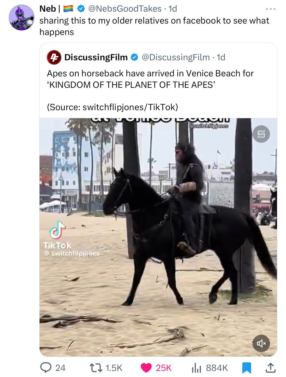 stallion - Neb | 1d . sharing this to my older relatives on facebook to see what happens 4 DiscussingFilm . 1d Apes on horseback have arrived in Venice Beach for 'Kingdom Of The Planet Of The Apes' Source switchflipjonesTikTok Tik Tok switchflipjones Uu t