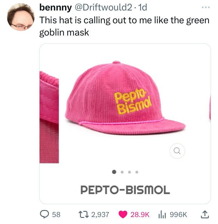 baseball cap - bennny .1d This hat is calling out to me the green goblin mask Pepto Bismol PeptoBismol 58 12,937