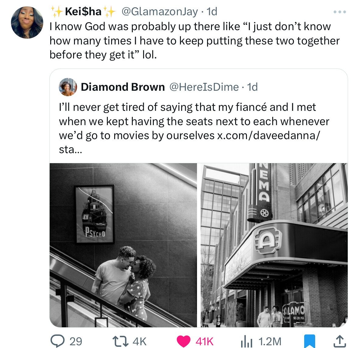 screenshot - Kei$ha 1d I know God was probably up there "I just don't know how many times I have to keep putting these two together before they get it" lol. Diamond Brown Dime. 1d I'll never get tired of saying that my fianc and I met when we kept having 