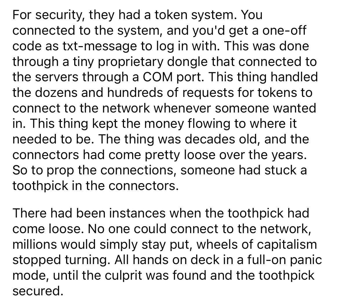 document - For security, they had a token system. You connected to the system, and you'd get a oneoff code as txtmessage to log in with. This was done through a tiny proprietary dongle that connected to the servers through a Com port. This thing handled t