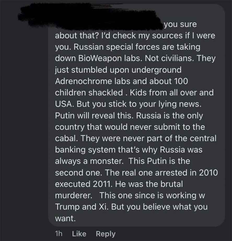 screenshot - you sure about that? I'd check my sources if I were you. Russian special forces are taking down BioWeapon labs. Not civilians. They just stumbled upon underground Adrenochrome labs and about 100 children shackled. Kids from all over and Usa. 