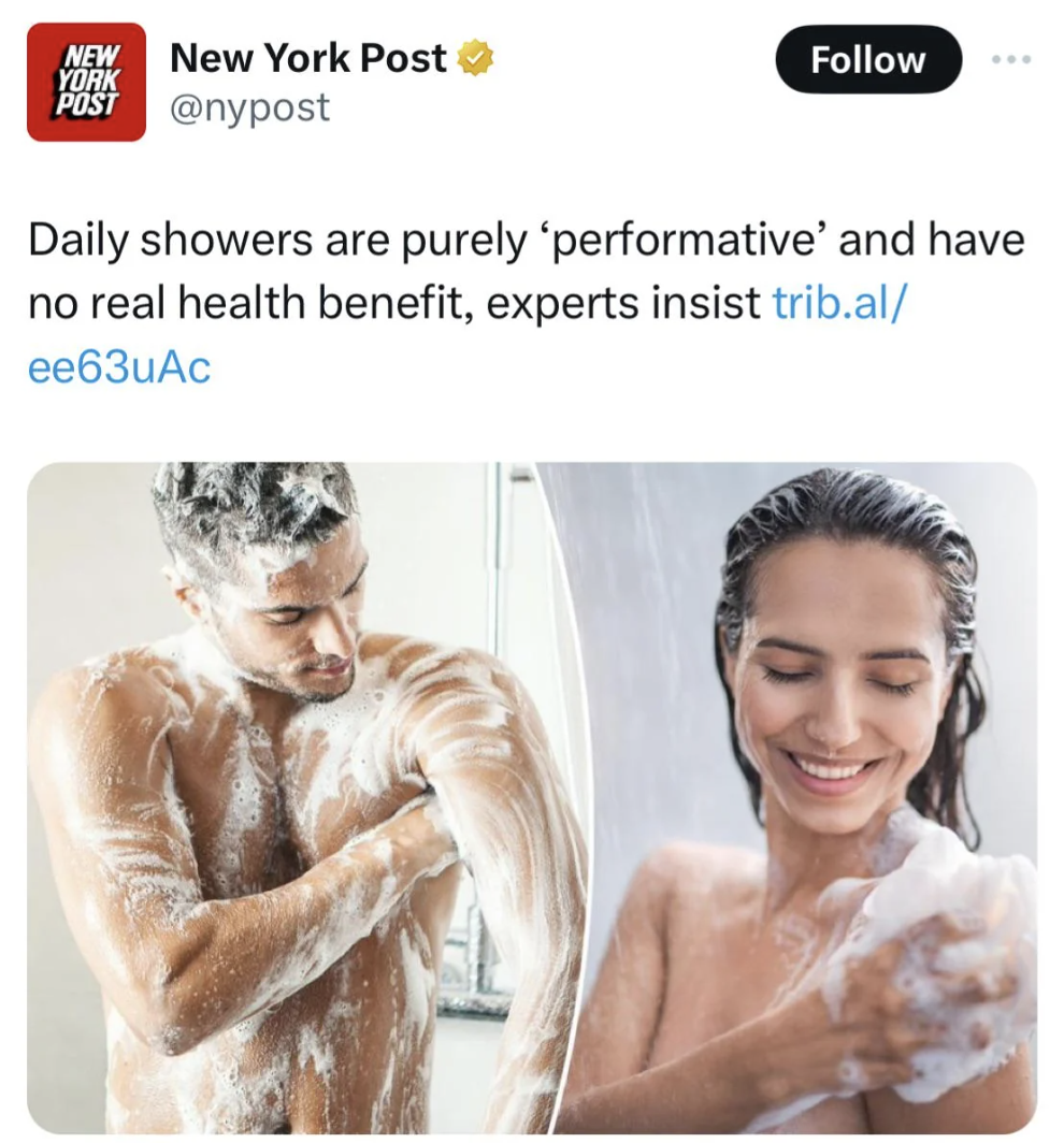 men shower - New New York Post York Post Daily showers are purely 'performative' and have no real health benefit, experts insist trib.al ee63uAc