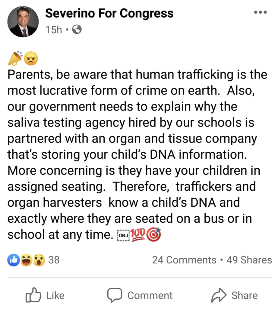 screenshot - Severino For Congress 15h Parents, be aware that human trafficking is the most lucrative form of crime on earth. Also, our government needs to explain why the saliva testing agency hired by our schools is partnered with an organ and tissue co