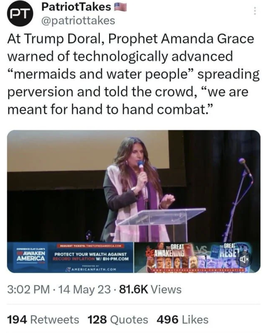 screenshot - Pt PatriotTakes At Trump Doral, Prophet Amanda Grace warned of technologically advanced "mermaids and water people" spreading perversion and told the crowd, "we are meant for hand to hand combat." Awaken Protect Your Wealth Against America Aw