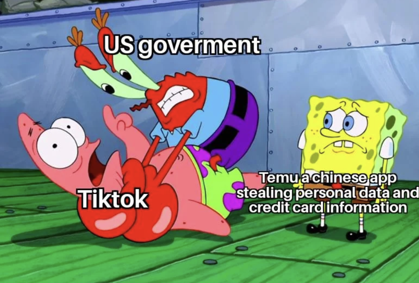 cartoon - Us goverment Tiktok Temu a chinese app stealing personal data and credit card information