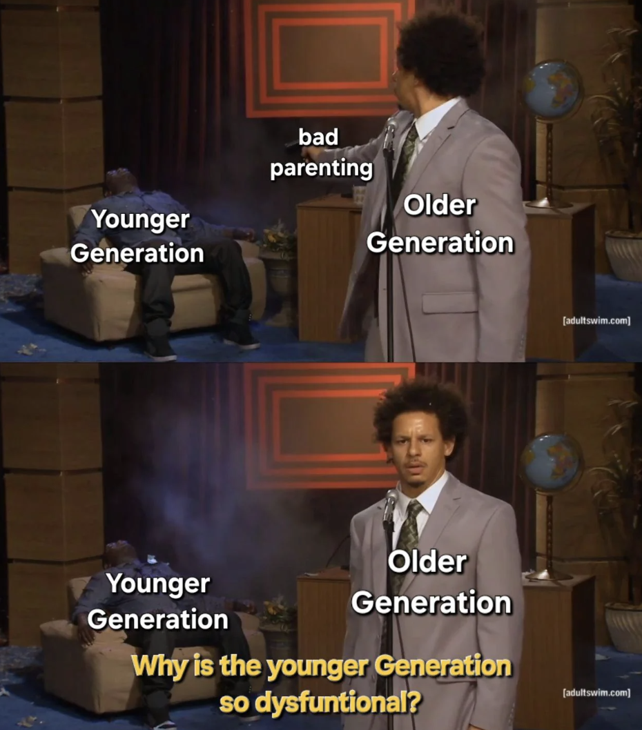 photo caption - Younger Generation bad parenting Older Generation Younger Generation Older Generation Why is the younger Generation so dysfuntional? Jadultswim.com swim.com