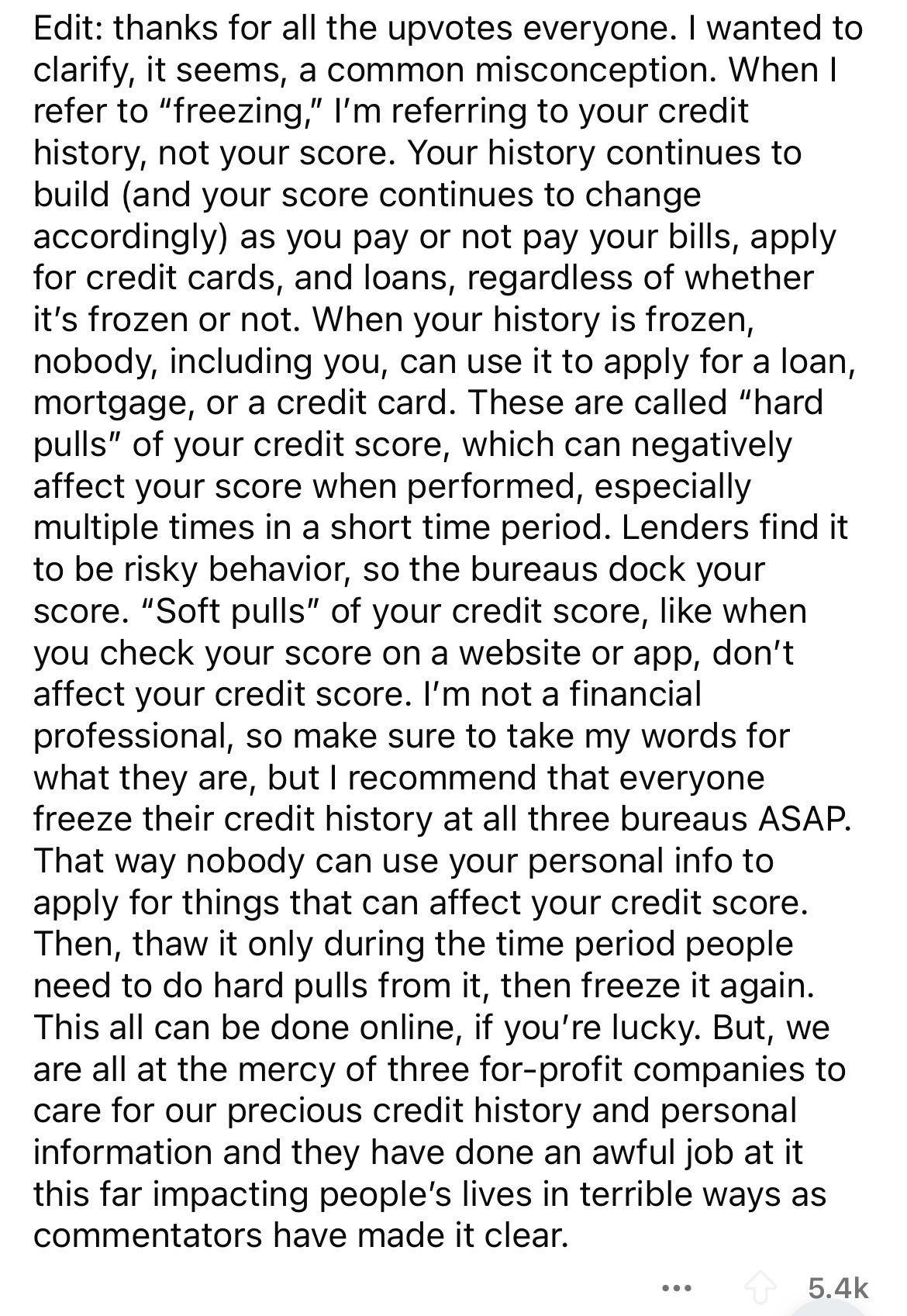 document - Edit thanks for all the upvotes everyone. I wanted to clarify, it seems, a common misconception. When I refer to "freezing," I'm referring to your credit history, not your score. Your history continues to build and your score continues to chang
