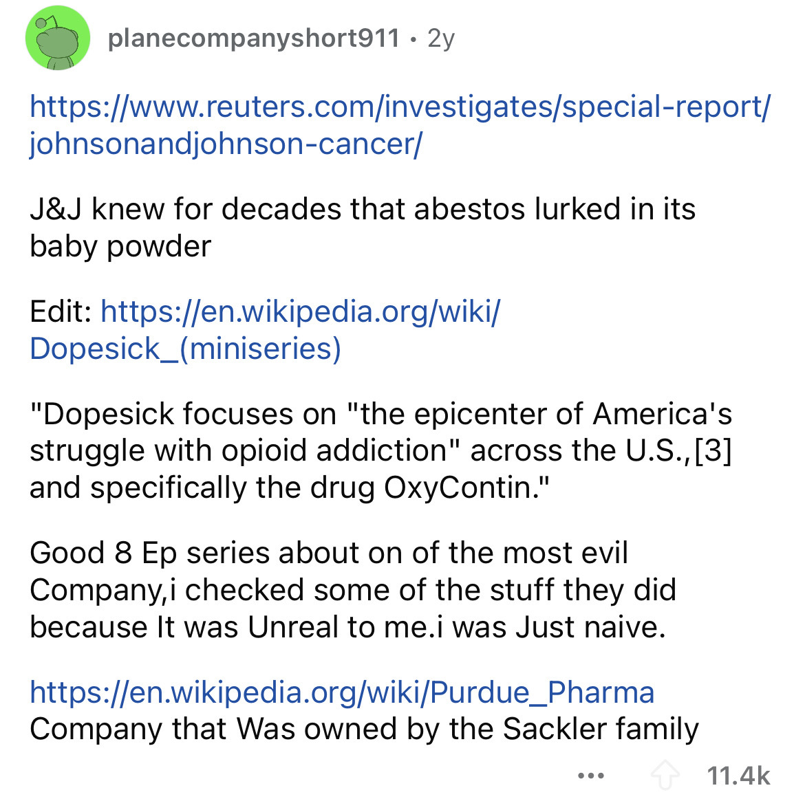 document - planecompanyshort911 2y johnsonandjohnsoncancer J&J knew for decades that abestos lurked in its baby powder Edit Dopesick miniseries "Dopesick focuses on "the epicenter of America's struggle with opioid addiction" across the U.S., 3 and specifi