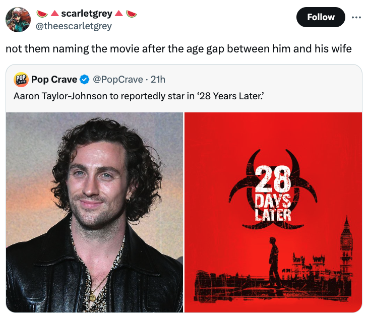 aaron taylor johnson - A scarletgrey not them naming the movie after the age gap between him and his wife Pop Crave 21h Aaron TaylorJohnson to reportedly star in '28 Years Later. 28 Days Later