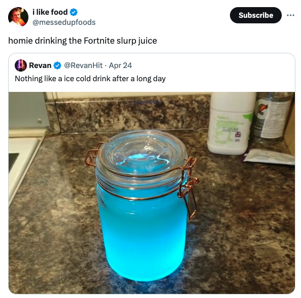 fortnite lean meme - i food homie drinking the Fortnite slurp juice Revan . Apr 24 Nothing a ice cold drink after a long day Subscribe