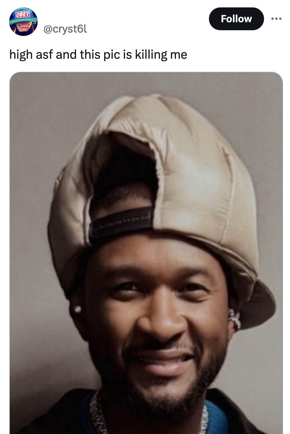usher puffer hat - high asf and this pic is killing me