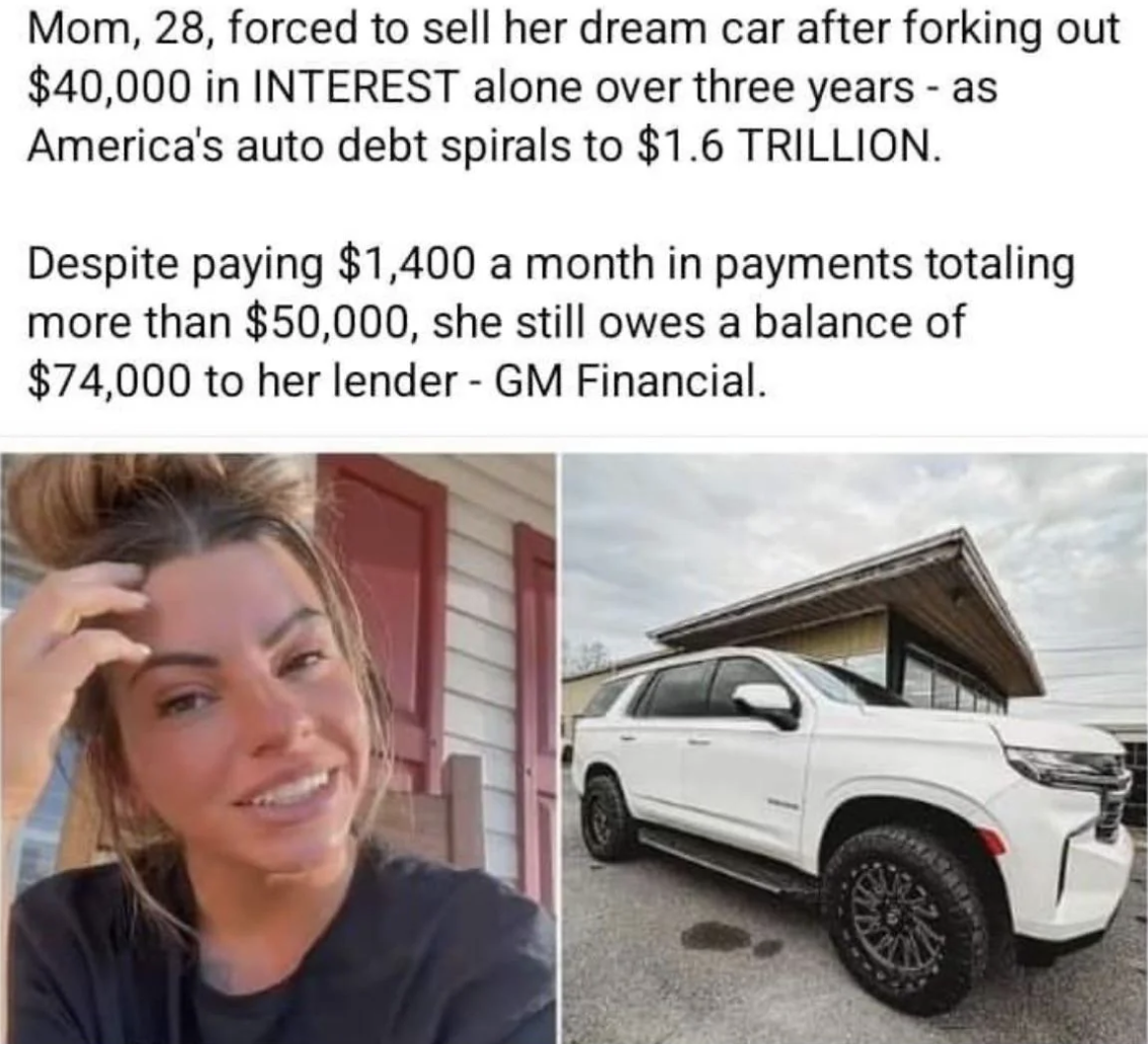 Car - Mom, 28, forced to sell her dream car after forking out $40,000 in Interest alone over three years as America's auto debt spirals to $1.6 Trillion. Despite paying $1,400 a month in payments totaling more than $50,000, she still owes a balance of $74