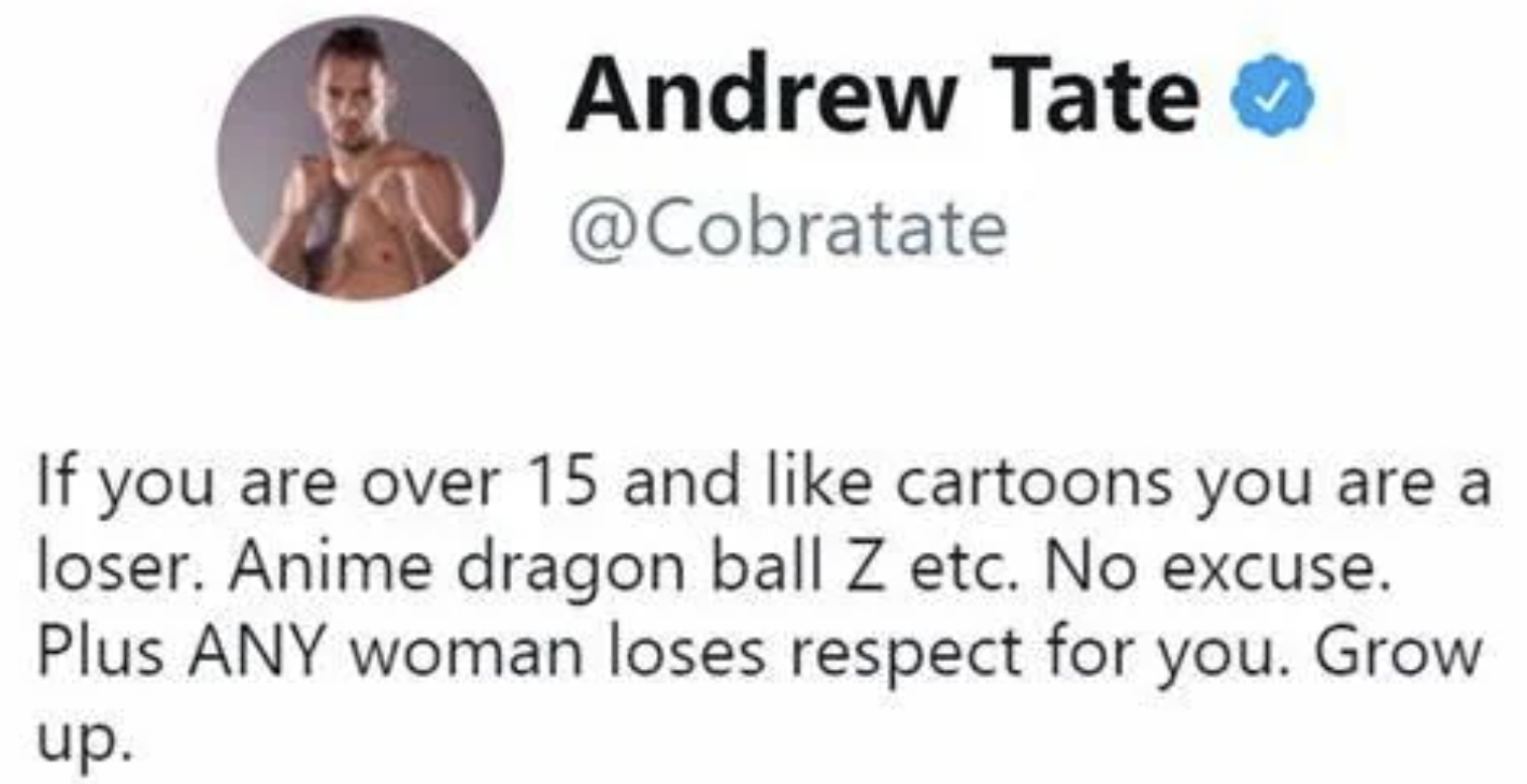 screenshot - Andrew Tate If you are over 15 and cartoons you are a loser. Anime dragon ball Z etc. No excuse. Plus Any woman loses respect for you. Grow up.