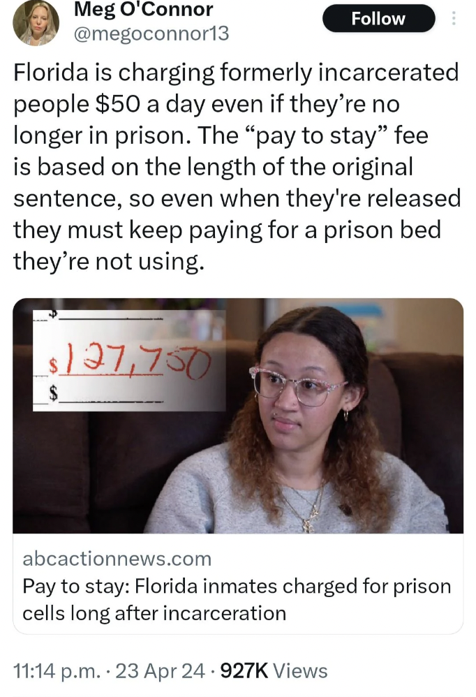 photo caption - Meg O'Connor Florida is charging formerly incarcerated people $50 a day even if they're no longer in prison. The "pay to stay" fee is based on the length of the original sentence, so even when they're released they must keep paying for a p