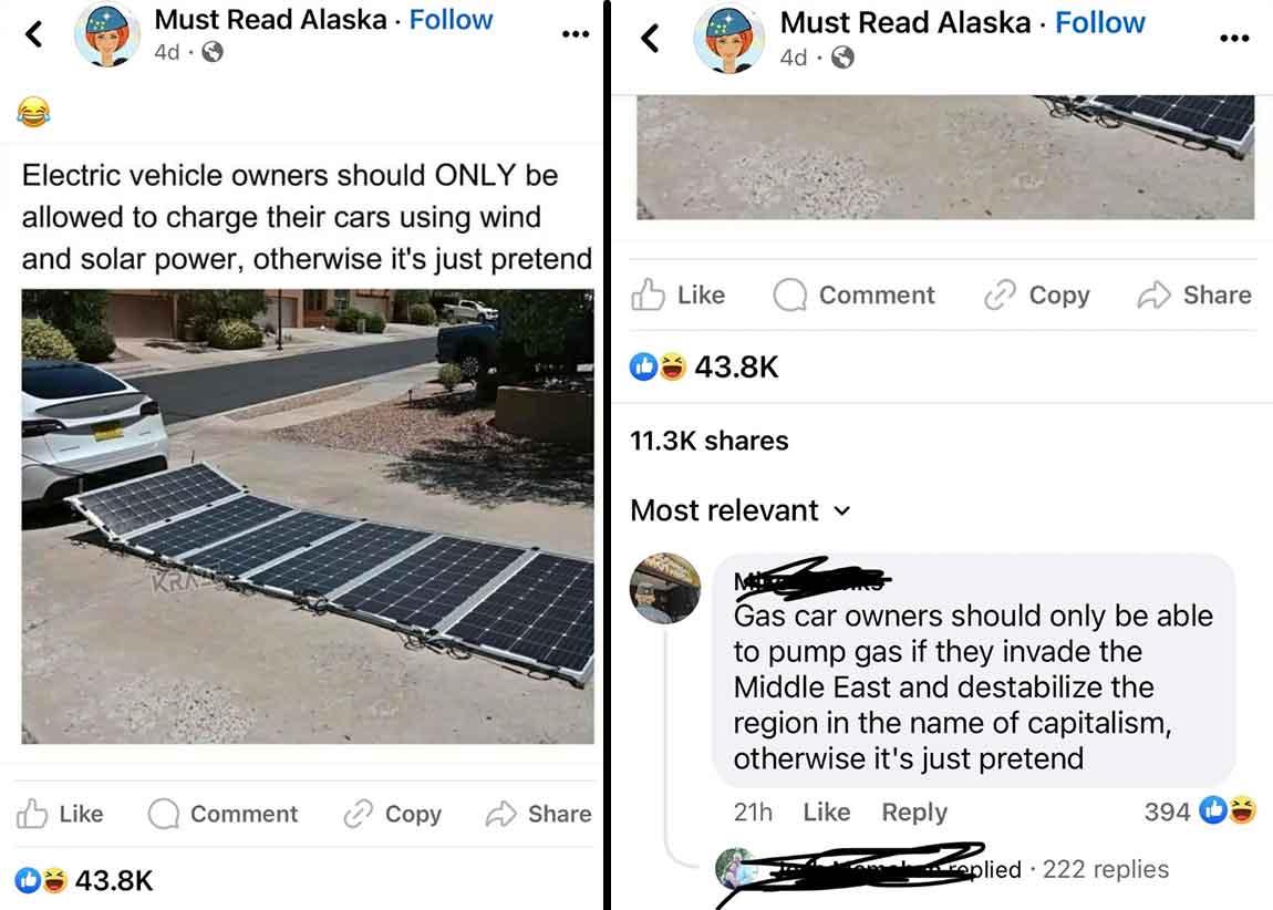 screenshot - Must Read Alaska 4d Electric vehicle owners should Only be allowed to charge their cars using wind and solar power, otherwise it's just pretend Must Read Alaska 4d Comment Copy Most relevant Gas car owners should only be able to pump gas if t