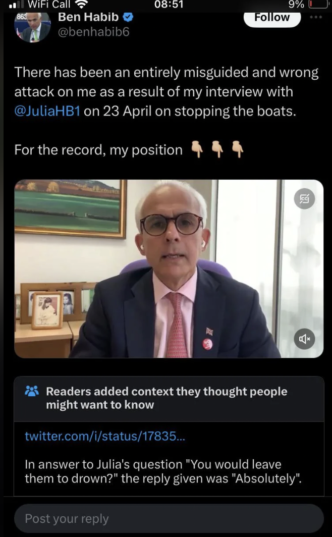 screenshot - WiFi Call Ben Habib There has been an entirely misguided and wrong attack on me as a result of my interview with on 23 April on stopping the boats. For the record, my position Readers added context they thought people might want to know…