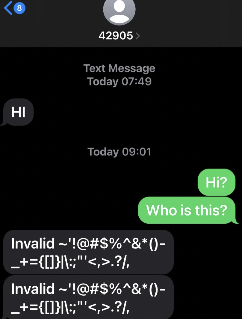 screenshot - 8 Hi 42905 > Text Message Today Today Hi? Who is this? Invalid '!@#$%^& _{}|\;;"'.?, Invalid '!@#$%^& _{}|\;"''.?,