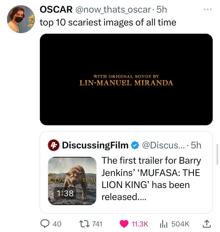 screenshot - Oscar 5h top 10 scariest images of all time With Original Songs By LinManuel Miranda 4 DiscussingFilm Fasa Trai .... 5h The first trailer for Barry Jenkins' 'Mufasa The Lion King' has been released.... 40 741 ili