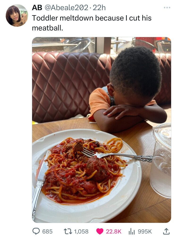 bucatini - Ab .22h Toddler meltdown because I cut his meatball. 685 11,058