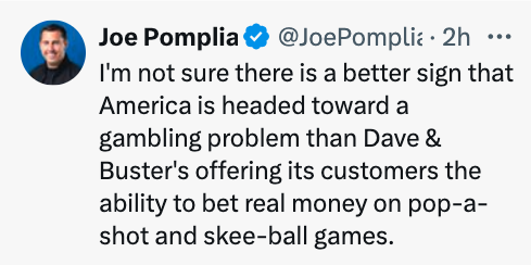 majorelle blue - Joe Pomplia 2h ... I'm not sure there is a better sign that America is headed toward a gambling problem than Dave & Buster's offering its customers the ability to bet real money on popa shot and skeeball games.