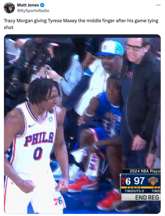 screenshot - Matt Jones Tracy Morgan giving Tyrese Maxey the middle finger after his game tying shot Phila 0 76 2024 Nba Playo 6 97 Timeoutso Time End Reg